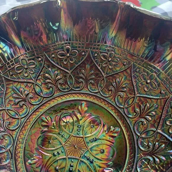 FENTON HEARTS & FLOWERS AMETHYST CARNIVAL GLASS Medallion Fruit Bowl pedestal - Picture 7 of 13